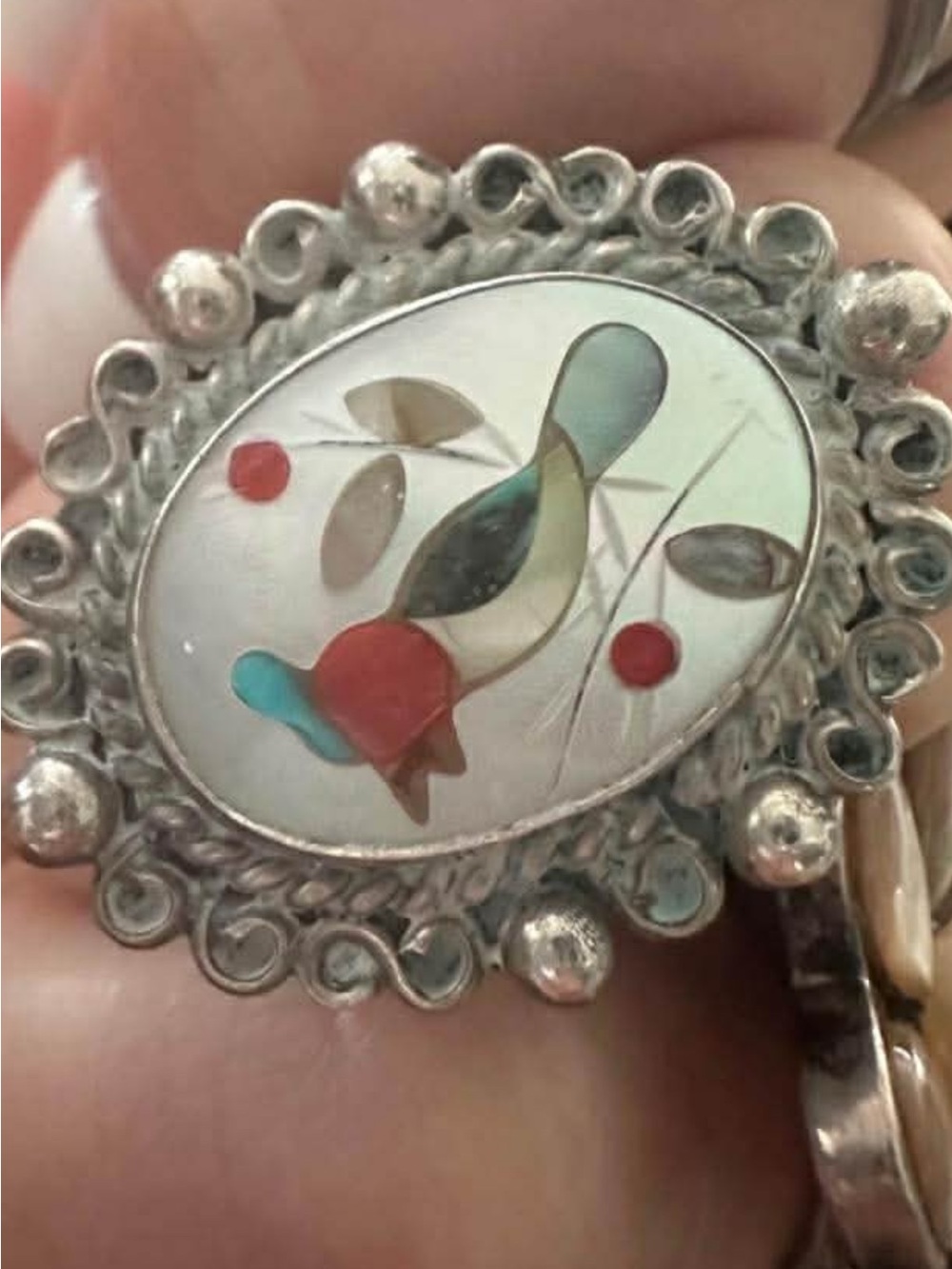 Sterling Silver Inlay Bird Motif Ring with Mother of Pearl
